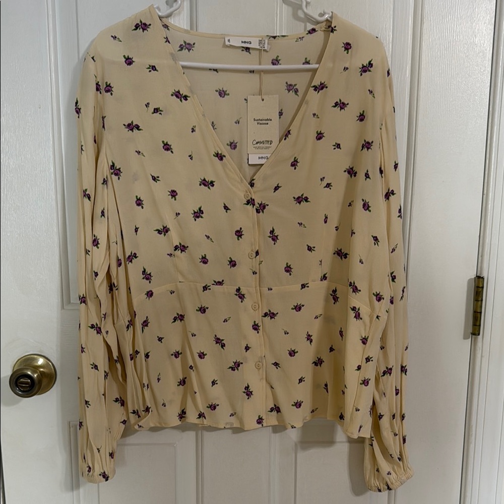 Mango Floral Cream Long Sleeve Relaxed Blouse